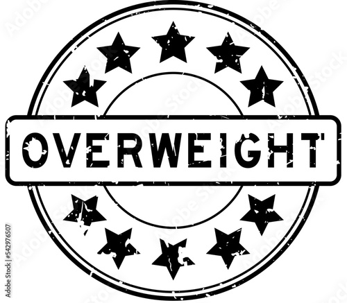 Grunge black overweight word with star icon round rubber seal stamp on white background