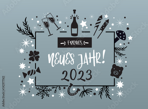 Neujahrsgrüße 2023 - Silvester Dekoration und deutscher Text auf silbernem Hintergrund