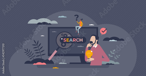 Search engine optimization or SEO service for web ranking tiny person concept. Marketing tool with website traffic development and boost with keywords vector illustration. Internet ranking strategy.