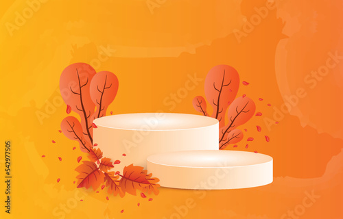 Light Brown cylindrical podium decorated with leaves. Autumn concept. Background for designing sales or advertising of fall festival products. vector illustration