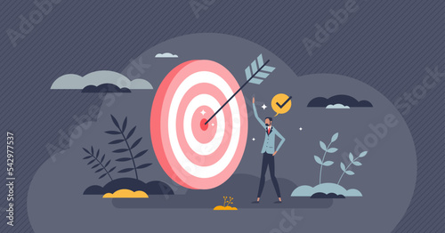 Excellence at work and perfect job target performance tiny person concept. Objective accomplishment and challenge achievement vector illustration. Top results or quality with amazing goal satisfaction