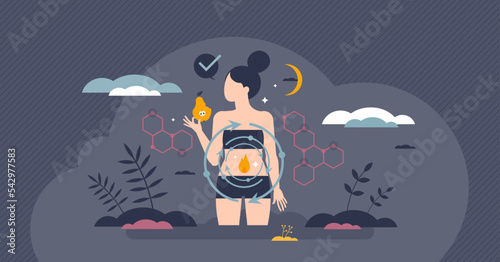 Metabolic body energy with food ATP chemical reaction tiny person concept. Food digestion system with nutrients burning and synthesis cycle vector illustration. Healthy dieting biological process.