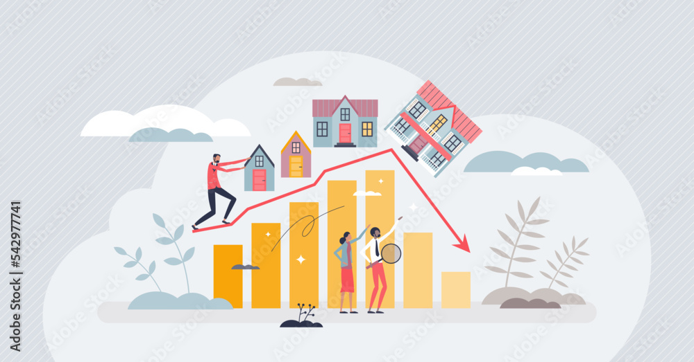 Housing market crash with price drop and decline in home sales tiny person concept. Real estate property purchase recession and value collapse vector illustration. Economy recession and drop forecast.