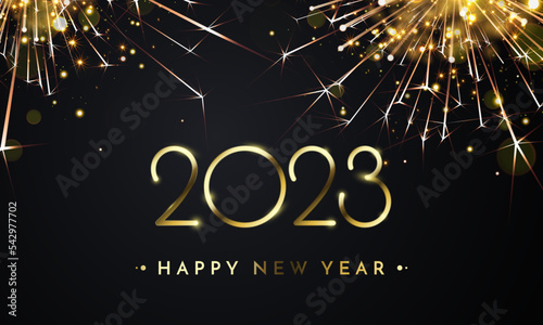 2023 Happy New Year Background texture with glitter fireworks. Vector New Year Eve sparkle background with golden 2023 number