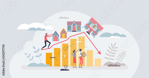 Housing market crash with price drop and decline in home sales tiny person concept. Real estate property purchase recession and value collapse vector illustration. Economy recession and drop forecast.