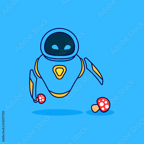 Cute mascot robot pick up mushrooms cartoon icon illustration. Flat cartoon design. Suitable for web, landing page, icons, ads, template and poster.