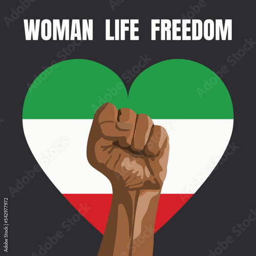 Woman Life Freedom - slogan for Iranian women protest. womans raised hand with clenched fist on heart in colors of Flag of Iran background