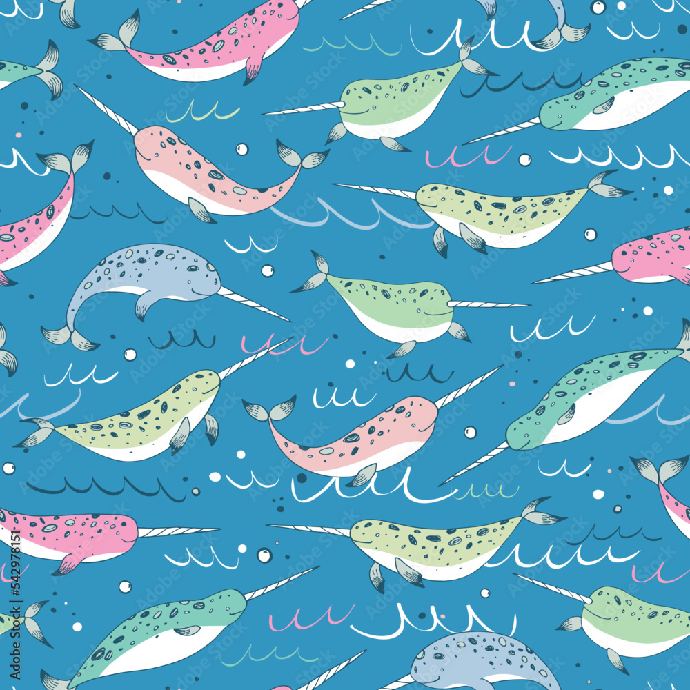 Obraz premium Sea animal narwhal vector seamless pattern.