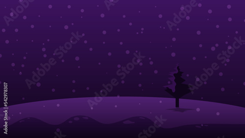 night landscape cartoon scene background with snow and silhouette tree on hill