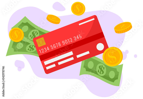 money and credit card. Cash and credit card stick out of the wallet.Bonus money or reward back on credit card for purchase. Coins transfer from smartphone to wallet. Cash refund. Financial savings
