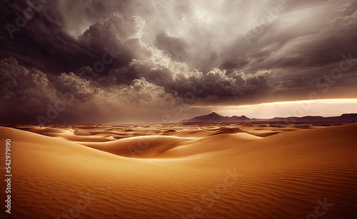 Desert with yellow sand and gray sky on the horizon with sandy clouds 3D illustration.