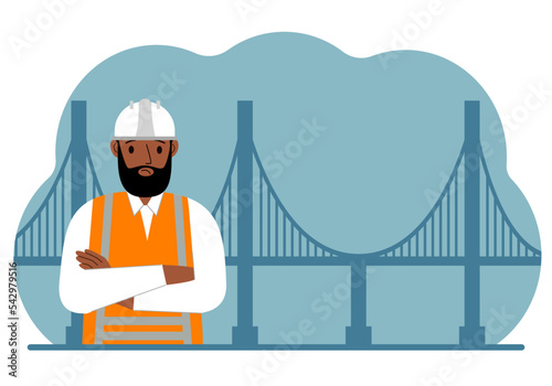 Male civil engineer next to the bridge. The concept of civil engineering and construction.