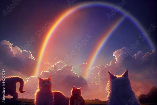 Canvas-taulu Dog and cat themed paradise where pets run and play in beautiful rainbow-colored fairy garden, ethereal clouds, and sunshine