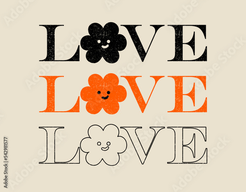 Love slogan with chamomile flower character face. Hippie style groovy vibes