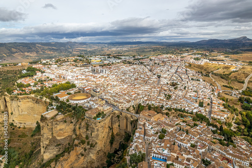 The drone aerial panoramic view of Ronda, Spain. Ronda is a town in the Spanish province of Málaga.Ronda is known for its cliff-side location.