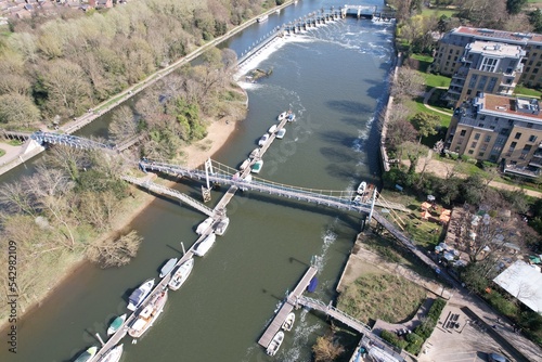 Fotografija Teddington weir river Thames England drone aerial view..