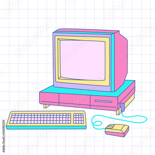 Retrowave y2k pc. An old computer with a CRT monitor on a grid background