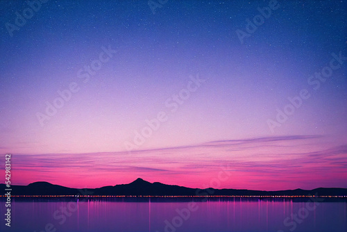 Neon night landscape with stars on a calm night above a beautiful lake