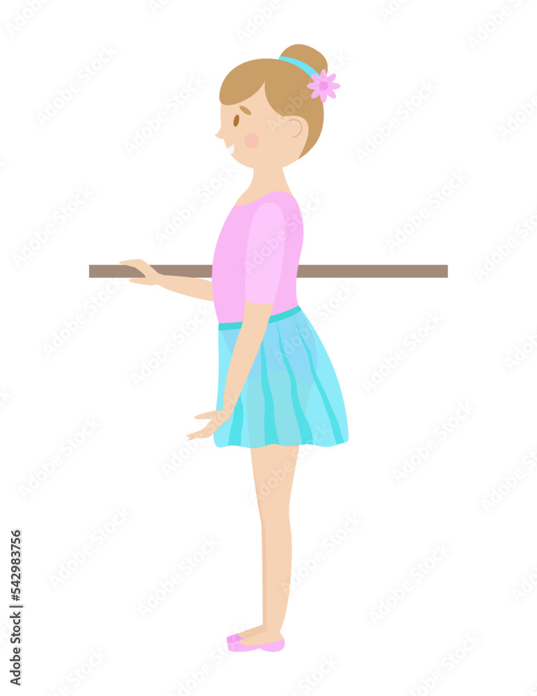 Little ballerina in a pink leotard. stands at the choreographic barre. illustration on white background Little ballerina in a pink leotard. stands at the choreographic barre. illustration on white background