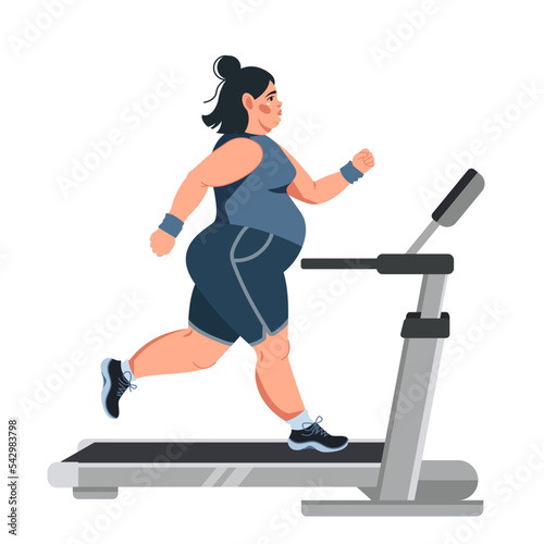 Vector illustration of an obese woman running on a treadmill. Preparation for sports competitions. Sports, workouts, weight loss, running. Flat illustration