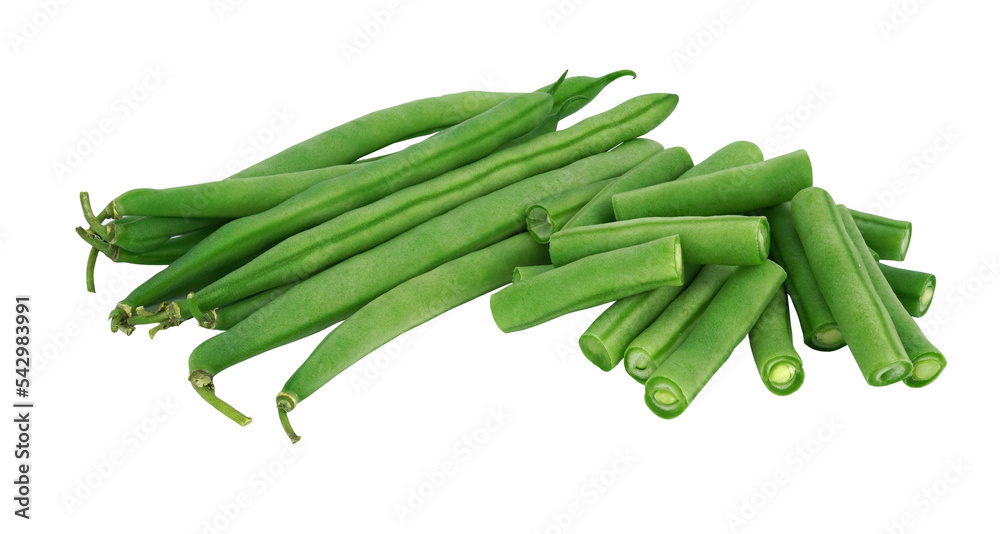 Obraz premium Bunch of fresh green beans cut isolated on white background with PNG.