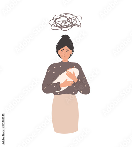 Postpartum depression, sad woman with baby and chaos line. Cartoon flat vector illustration. Mother in depression, motherhood burnout. Mental health concept