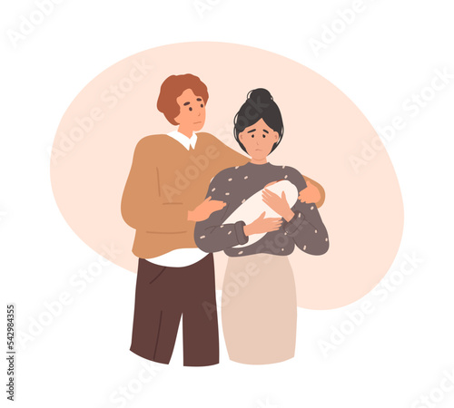 Postpartum depression support concept. Man hug sad woman with baby and chaos line. Cartoon flat vector illustration. Mother in depression, motherhood burnout. Mental health concept