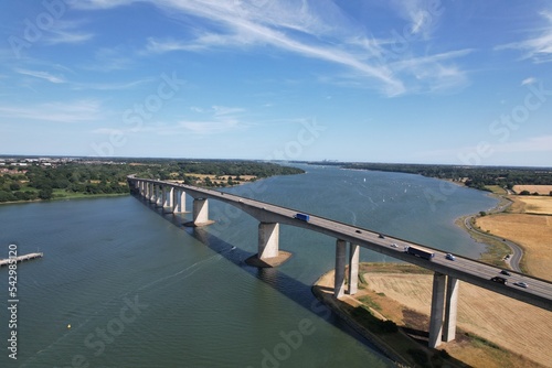 Orwell road bridge A14 highway Suffolk UK , drone aerial view photo