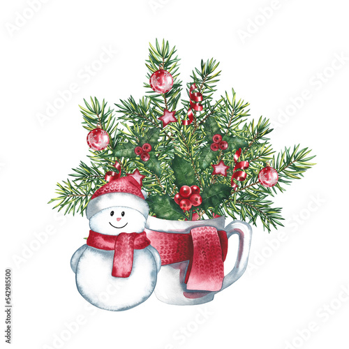 Snowman near a Christmas tree bouquet in a mug. Watercolor illustration. For packaging design of greeting cards.