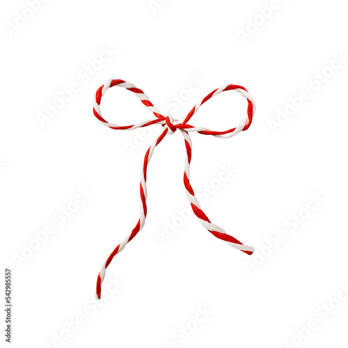 Red and white Christmas rope isolated on white. Christmas tied bow for design.