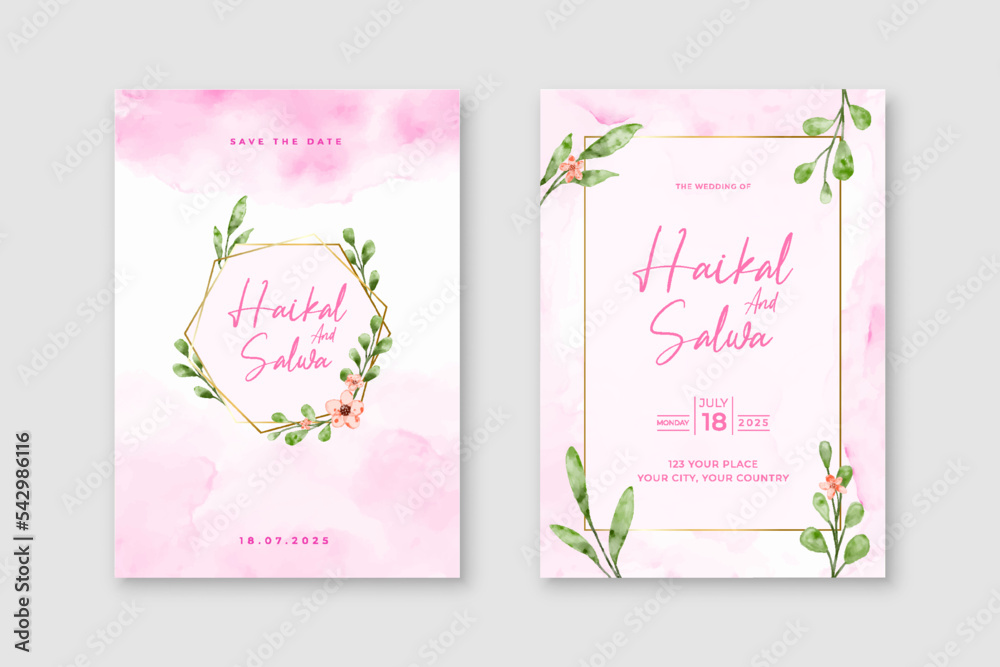 Luxurious watercolor wedding invitation card template. Watercolor card with leaf and flower elements. Elegant vector design suitable for banners, covers, invitations
