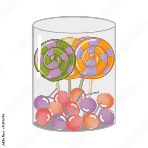 Lollipops in glass jars that look delicious. Candy store. Watercolor style vector candy illustration. Suitable for decorating on festivals or important days such as birthdays, Halloween, Christmas