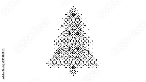 Black and white halftone transition with a Christmas tree appearing.