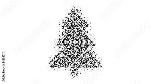 Black and white halftone transition with a Christmas tree appearing.