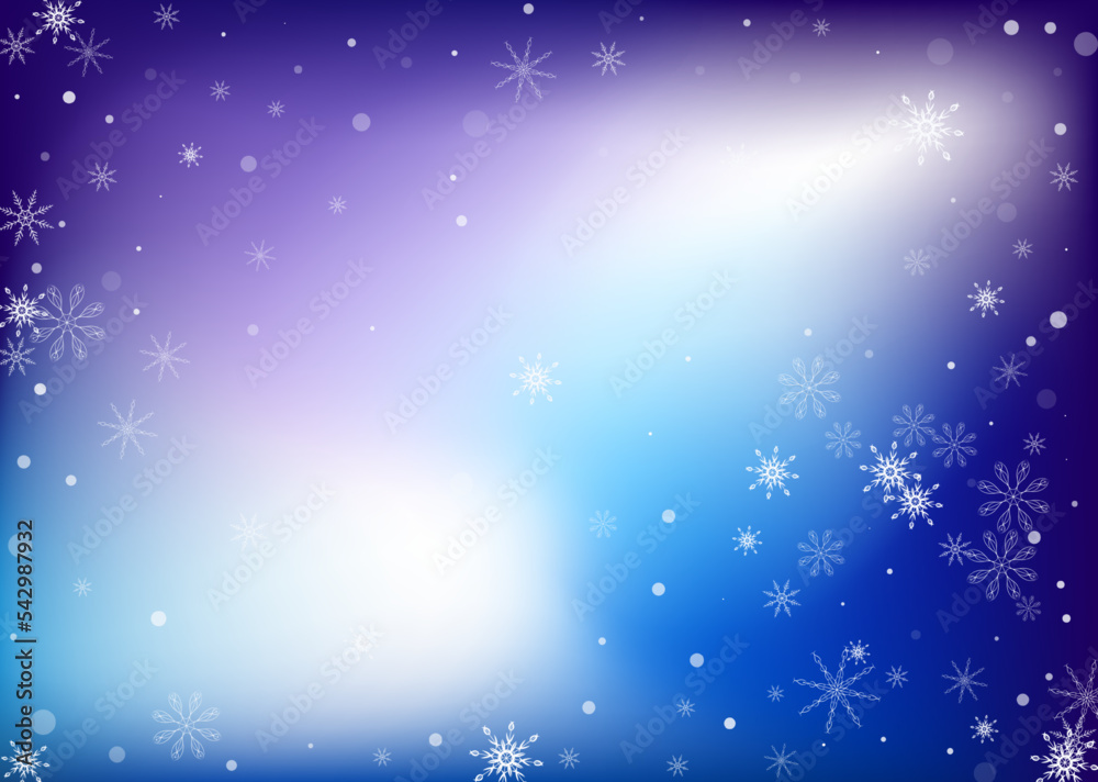 Snowflakes. Snow, snowfall. Falling scattered white snowflakes on a white-blue gradient background. Vector