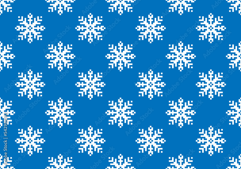 Christmas pixel art seamless pattern with mosaic falling snowflakes