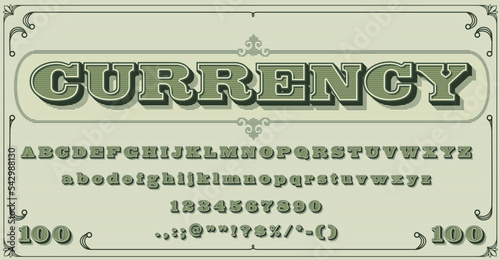 Money font, vintage type or typeface alphabet typography, vector currency cash letters. Dollar alphabet or currency retro typeface with guilloche pattern, banknote typeset with certificate old letters photo