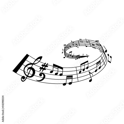 Music sounds wave. Audio record vintage backdrop, classic music or song melody vector wave. Orchestra symphony notes swirl background with music staff and notes, treble clef symbols on lines