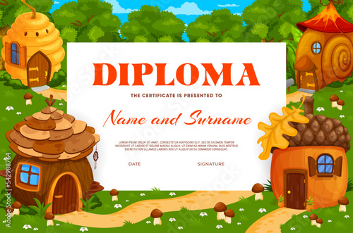 Kids diploma with fairytale acorn, beehive and snail cartoon houses. Educational vector certificate for school or kindergarten with fantasy dwellings. Appreciation, award or graduation frame template