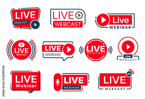 Live webinar, webcast icons of online stream video or podcast, vector web player icons. Webinar live channel and streaming web video or microphone symbols for online vlog or tube broadcast