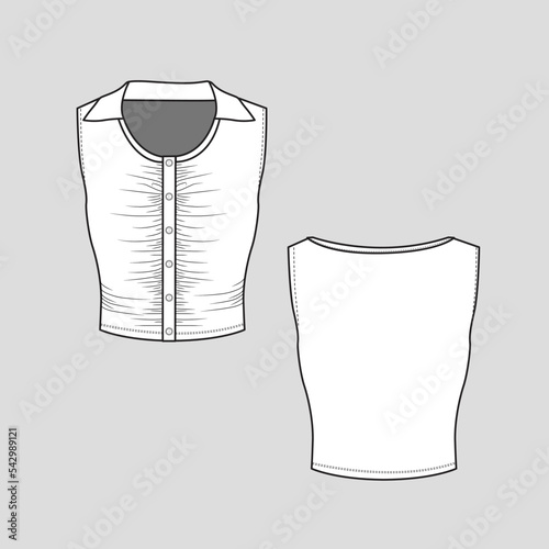 Sleeveless Henley Neck Collar Gathering Crop Top Button panel shirred ruched  fashion flat sketch technical drawing template design vector