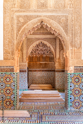 Rich decorated interior of the Saadian Tombs, Marrakech, Morocco, North Africa