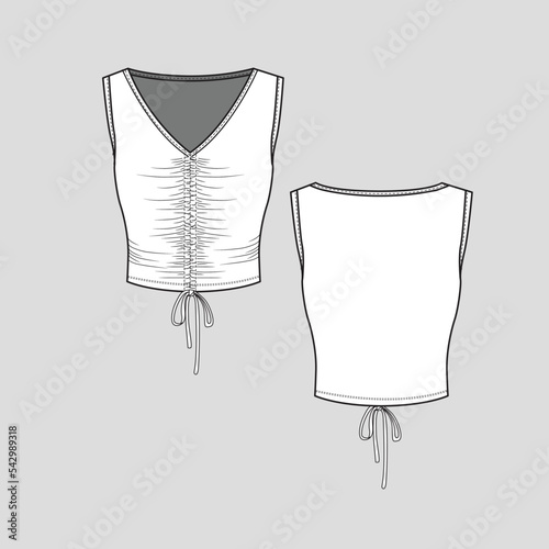 Sleeveless V Neck Gathering Knotted hem Crop Top shirred ruched  knot tie hem detail fashion flat sketch drawing template design vector photo