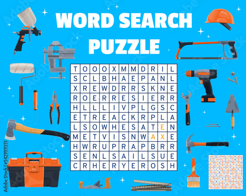 Construction industry and DIY tools, word search puzzle game worksheet, vector quiz. Word search grid to guess toolbox of screwdriver, ruler and worker helmet, pliers with drill and hammer or axe