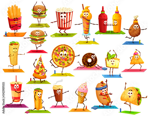 Cartoon fast food characters on yoga fitness sport. Vector french fries, burger, pop corn, cocktail and burrito, pizza, donut, cake and ice cream, tacos, coffee or soda drink, nachos or hot dog