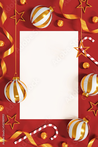 Merry Christmas And Happy New Year Greeting Card Dsign. Christmas Background. Top View And Flat Lay. 3D Illustration