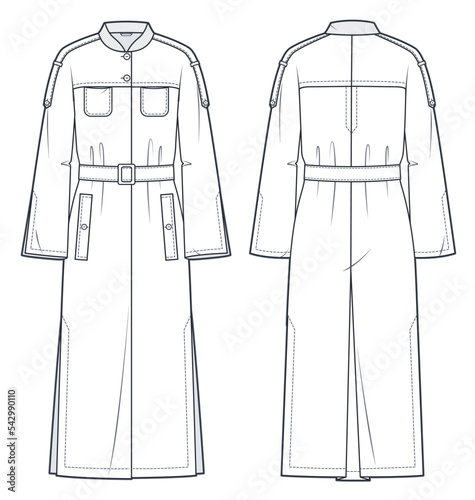  Trench Coat technical fashion Illustration. Belted Coat fashion flat technical drawing template, flared sleeves, rib collar, slits, pockets, front and back view, white, women, men, unisex CAD mockup.