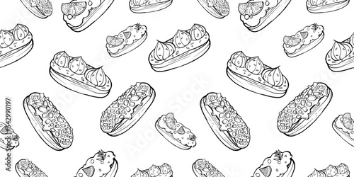 black and white seamless pattern vector line art with no background of Elairs that look tasty.