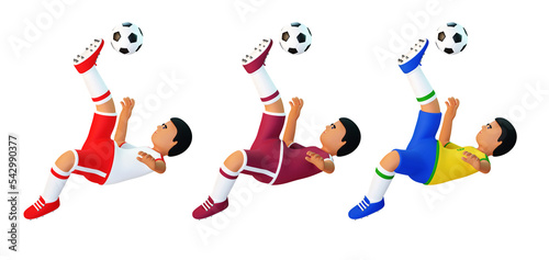 3d Football player makes a scissors kick. Qatar and brazil soccer player hit the ball. 3d render