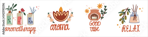 Set of aromatherapy elements with essential oils and lettering.